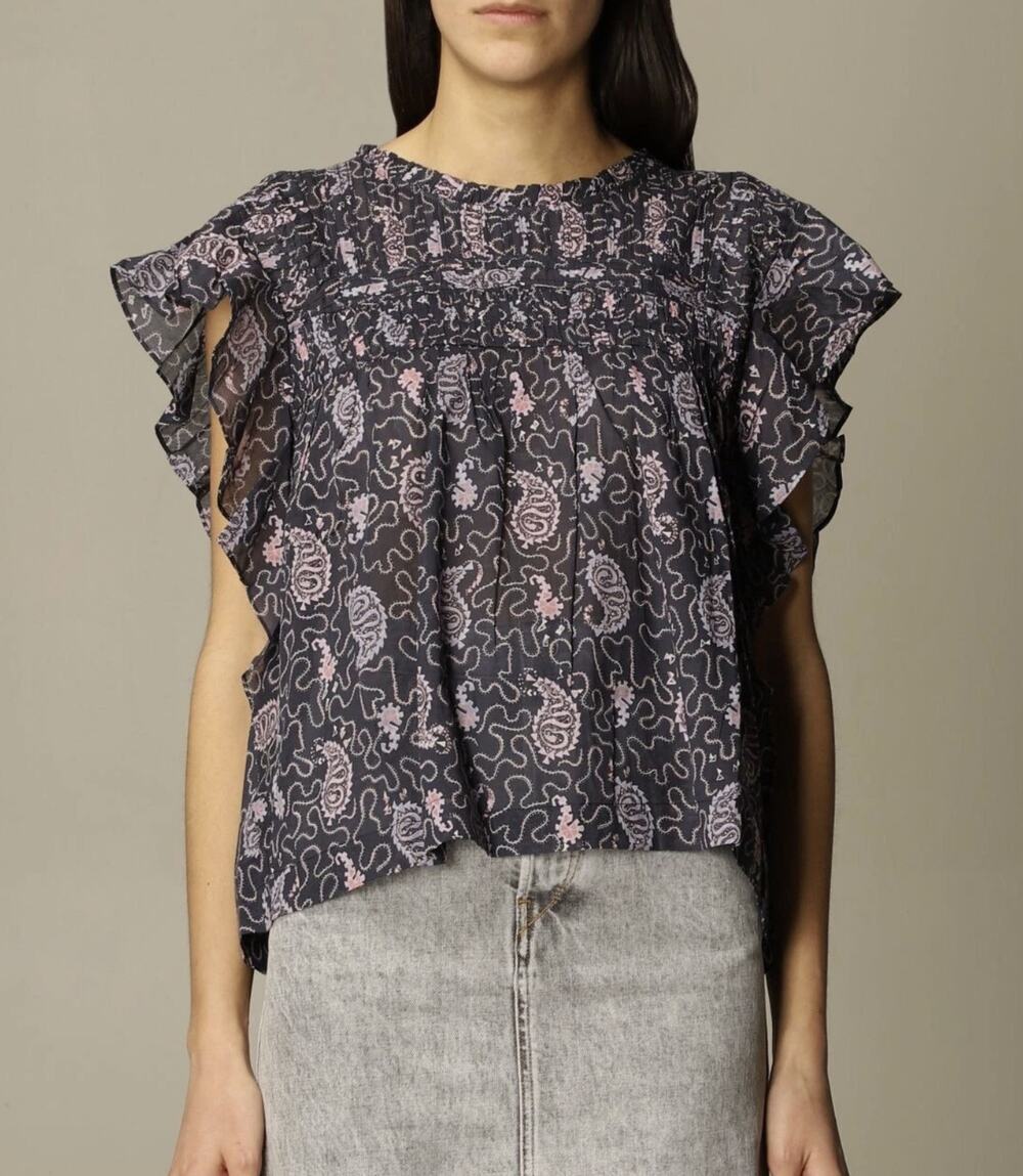 Isabel Marant Layona Ruffle Sleeveless Blouse Top Navy Pink Paisley